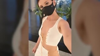 Jeny Smith tests her new suit. Flashing in public