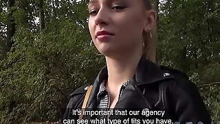 POV babe in leather jacket release fucked open-air after BJ